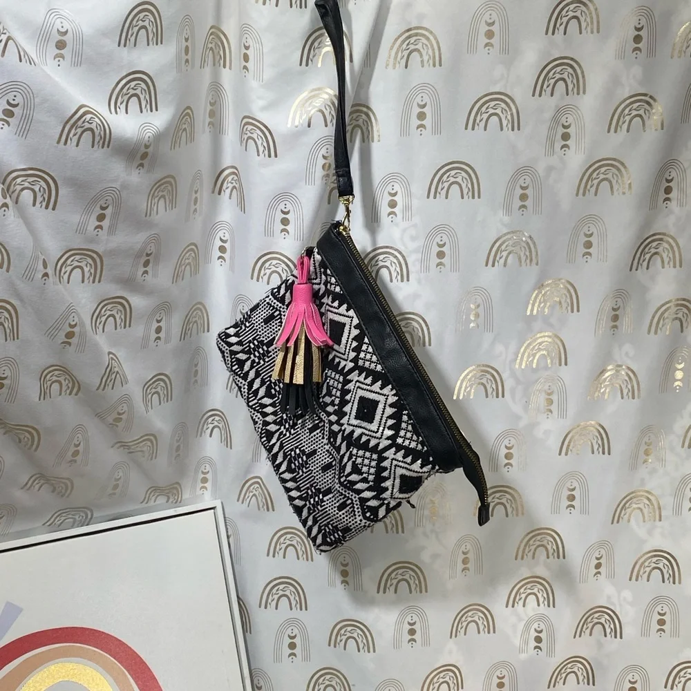 Geometric Black and White Clutch with Pink Tassel